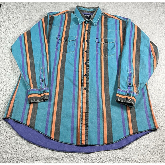 Wrangler Brushpopper Shirt Mens 18.5 Stripe Colorful Western Rodeo Cowboy VTG - Picture 1 of 12